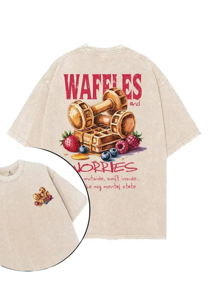 Waffles And Worries Dumbbell Graphic Tee Vintage Retro Washed T shirt Oversized Unisex Streetwear Gymer Casual Workout Shirt for Women Food Fitness Gift