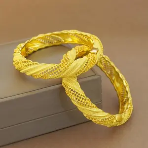 2Pcs Women Charm Bracelet Bangle 24K Gold Color Jewelry Dubai Flower Bangle Brand African Designer Ethiopian Hawaiian Jewelry