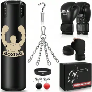 2026 Unfilled 4FT PU Hanging Heavy Punching Bag for Adults, Boxing Training Set with 12OZ Gloves, Reflex Ball, Wristband, Kicking Bag for Home Gym Karate Kickboxing Lace-Up Leather