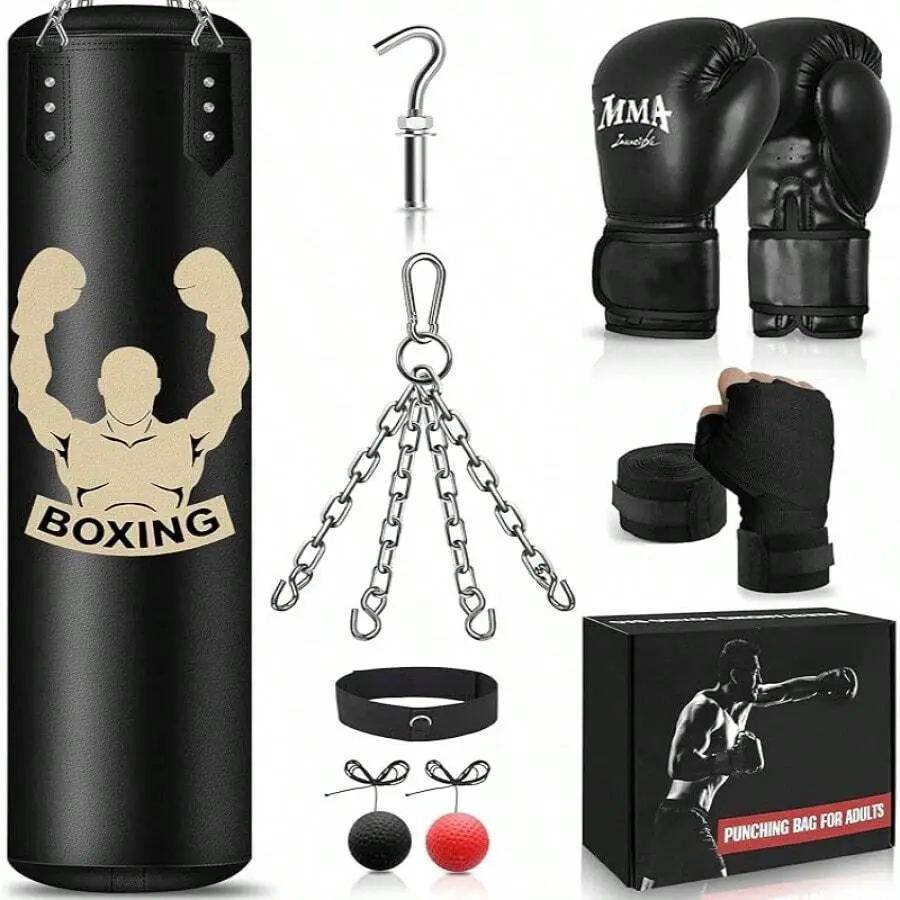 Boxing Sets for Adults - 4ft Unfilled PU Leather Hanging Heavy Bag, 12oz Gloves, Hand Wraps & Reflex Ball for Home MMA, Kickboxing Training, Heavy Bags For Boxing Training, Full Set, Friends, Family, Teens, Hand Wraps Boxing, 1 X 4Ft Punching Bag