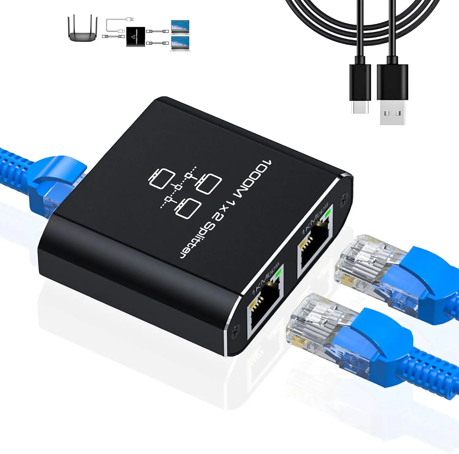 Gigabit Ethernet Splitter 1 to 2, RJ45 Internet Splitter for Cat 8/7/6/5e/5 2 Devices Networked Simultaneously ,1000 Mbps Dual-Port network Splitter with USB Power Cable,Aluminum Case, for Routers