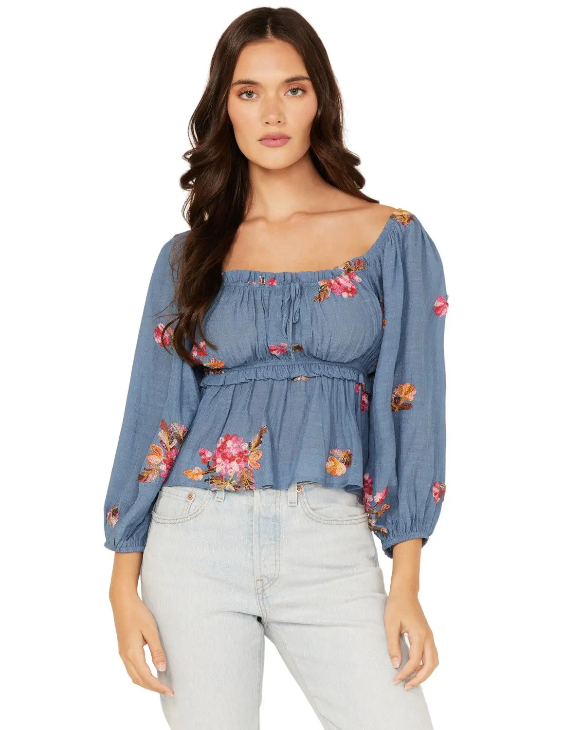 Wild Moss Women's Women'S Floral Embroidered 3/4 Sleeve Top - Ima4139c-W1631-Blu