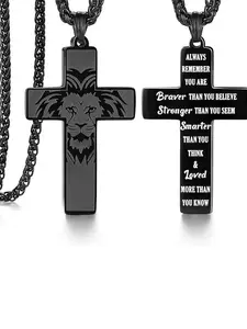 Strength and Faith Gifts for Him-Masculine Cross Necklace-Name Engraved Pendant--Bold Lion Head and Cross Design-Inspiring Message Engraved (23.6 inches)
