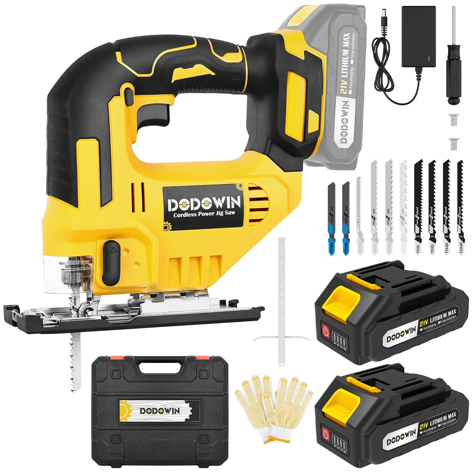 DODOWIN 21V Cordless Jig Saw with Batteries, LED Work Light & Adjustable Base Plate, 2900RPM Variable Speed Electric Power Tool for Wood Cutting, 3 Orbital Settings for Straight/Curve Home Improvements