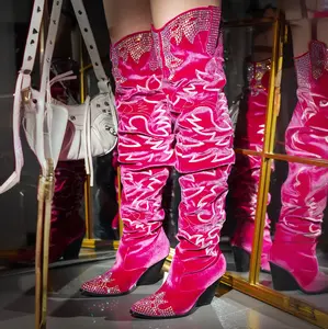 CAPE ROBBIN Lish Velvet Rhinestone Thigh High Slouchy Western Boots Fuchsia Round Toe Memory Foam Insole Comfortable Walking Shoes for Women