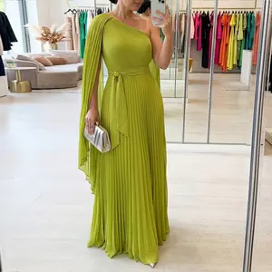 CHICME Women's One-Shoulder Pleated Maxi Dress Asymmetric Draped Cape Sleeve Twist Front Party Dress Elegant High-Waist Evening Dress/Summer Dress