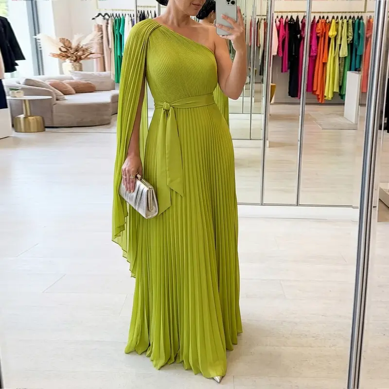 CHICME Women's One-Shoulder Pleated Maxi Dress Asymmetric Draped Cape Sleeve Twist Front Party Dress Elegant High-Waist Evening Dress/Summer Dress