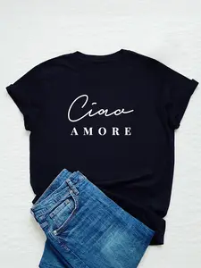 Women's "Ciao AMORE" Letter Print Round Neck Tee, Casual Fashion Short Sleeve T-shirt for Daily Wear, Ladies Summer Clothes, Top