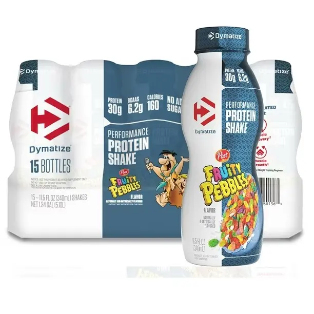Dymatize Fruity Pebbles Gluten-Free High-Protein Energy Drink, 30g Protein, 11.5 fl oz Resealable Bottles, 15-Pack Ready-to-Drink Fitness Supplement, Energy Drinks