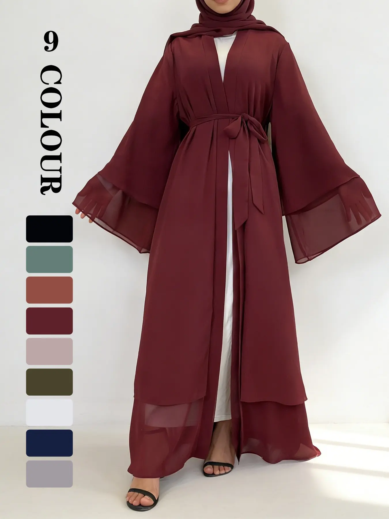 Women's Solid Color Chiffon Belted Abaya, Long Sleeve Open Front Maxi Abaya for Party Wedding Guest, Ladies Modesty Muslim Clothing, Islamic Modesty Clothes, Islamic Abaya Dress for All Seasons Modest Muslim Outfits