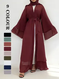 Women's Solid Color Chiffon Abaya with Belt, Elegant Long Sleeve Open Front Maxi Abaya for Party Wedding Guest, Ladies Modesty Muslim Clothing Islamic Clothing for All Seasons[not Includ hijab]