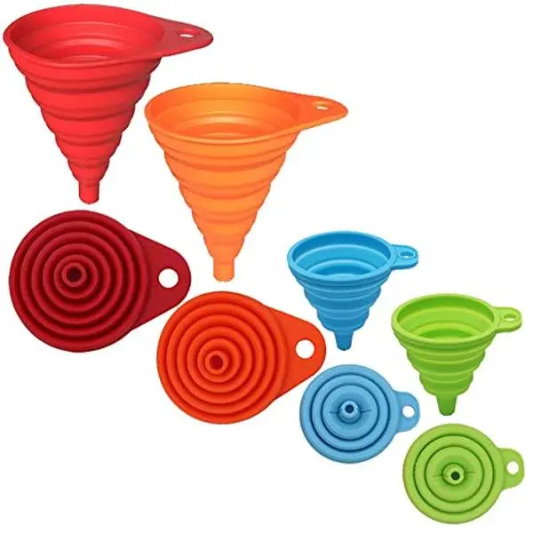 4-Pack Collapsible Silicone Funnel Set, Food-Grade Small & Large Kitchen Funnels for Liquid Transfer, Bottles, Jars & Cooking