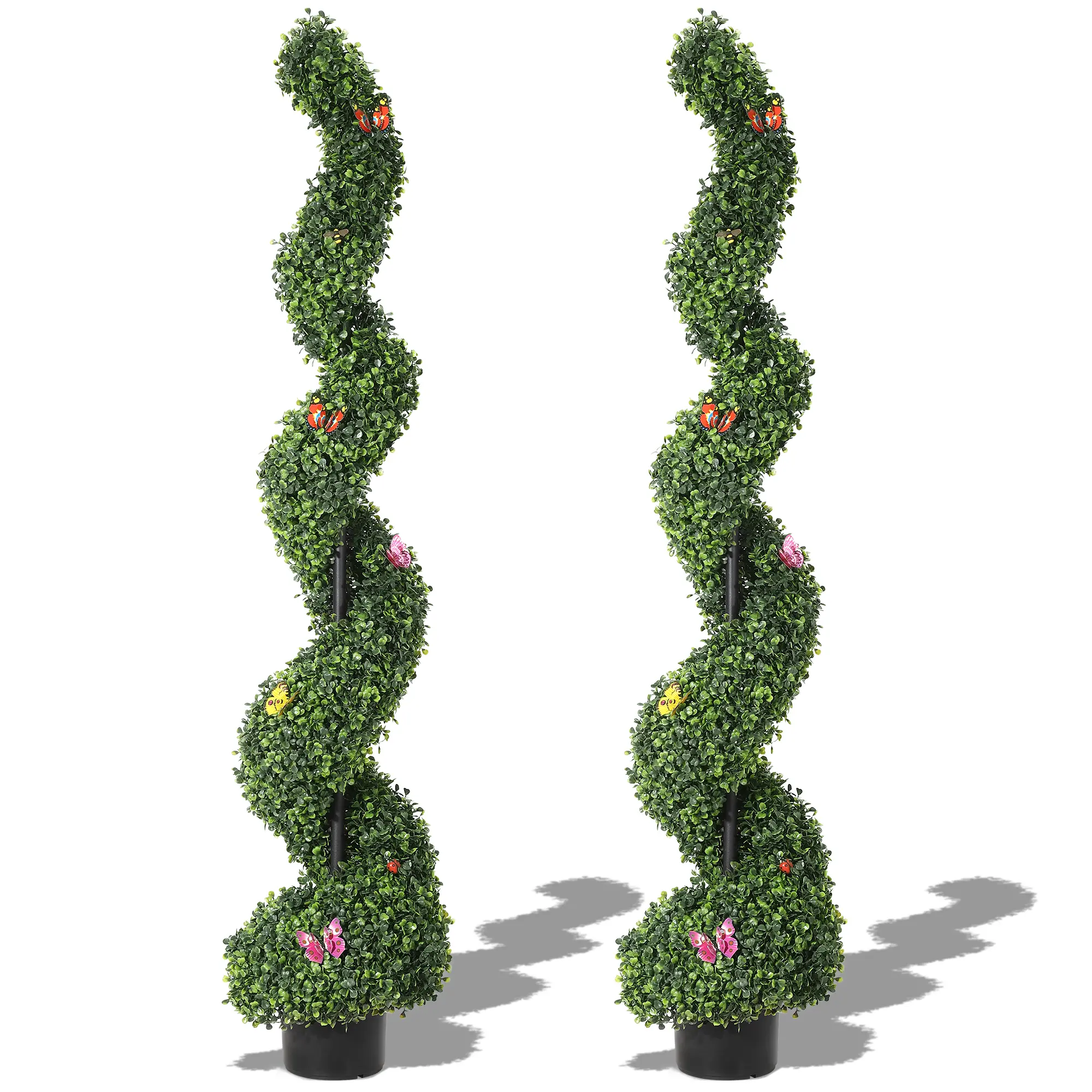 2-Pack 5ft Artificial Spiral Boxwood Topiary Trees, Tall Faux Greenery Plants in Pots for All-Year Outdoor Decorative Use, Perfect for Front Porch, Walkway, and Entryway