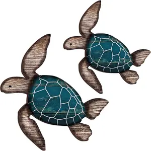 2 Sizes Wooden Sea Turtle Wall Decor Farmhouse Ocean Turtle wall art Beach Theme Vintage Coastal Hanging Decoration for Home Lake House Bathroom(Blue)