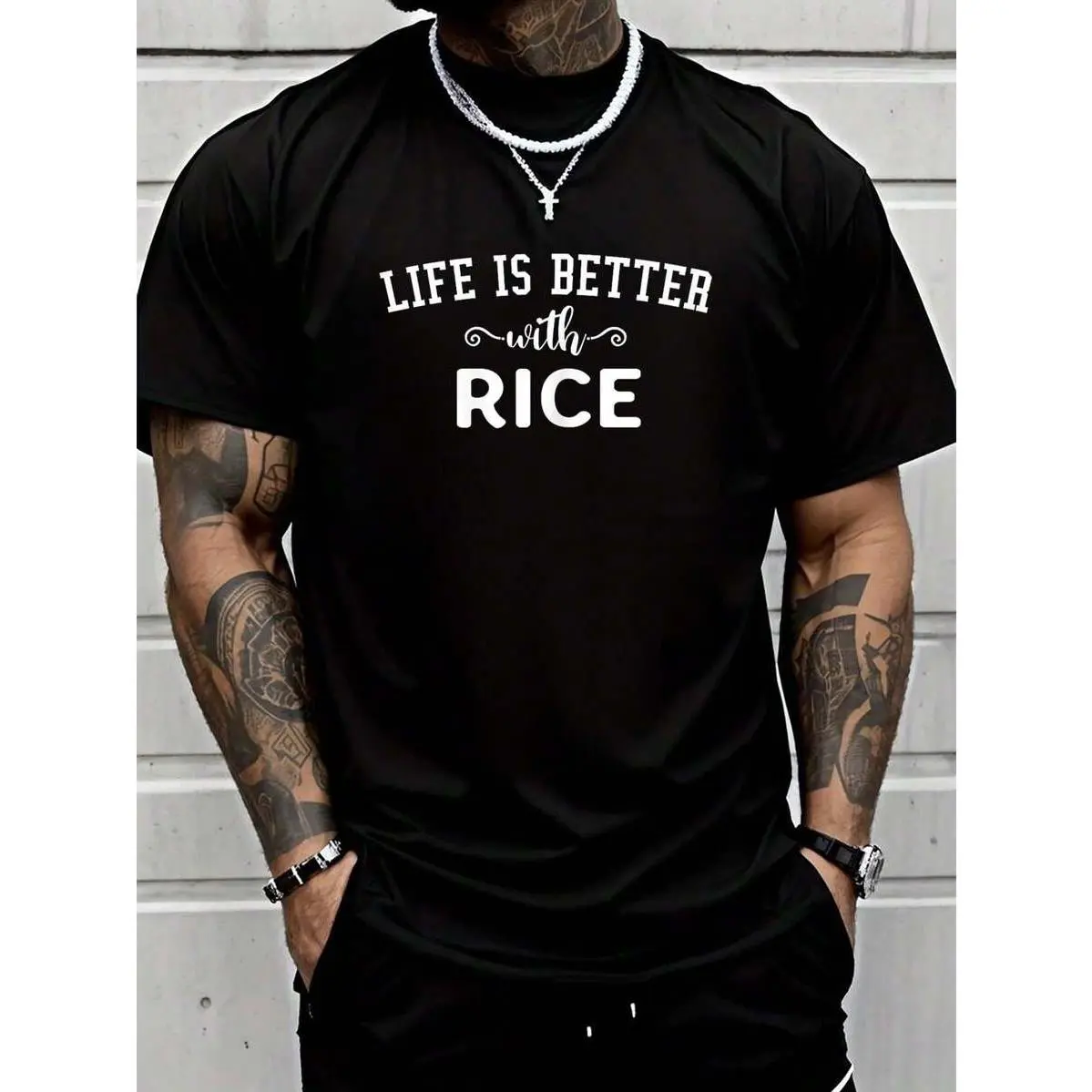 100% Cotton Life Is Better With Rice Shirt - I Love Rice Shirt T-Shirt Street Hip-Hop Style Men's T-Shirt