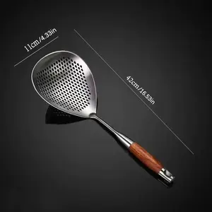 One Slotted Spoon Featuring a Long Wooden Handle, Ideal for Deep Frying And Equipped with Hanging Holes. Suitable for Kitchen Use, Cooking, Frying, And Draining in Restaurants. Easy to Clean