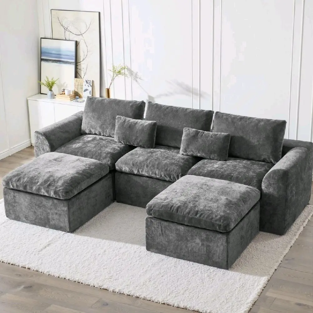 120" U-Shaped Modular Cloud Sofa 5-Seater Chenille Couch w/2 Movable Ottomans