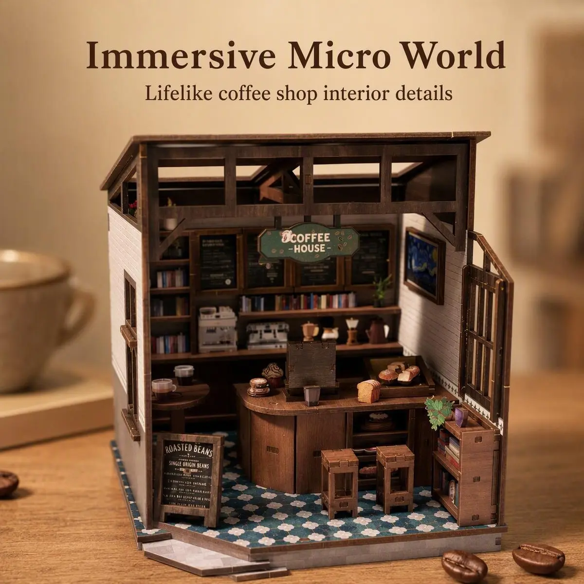 3D Wooden Puzzle Dollhouse Coffee House Kit, Classic Design, 148 Precision Solid Wood Pieces, Mortise-Tenon Joint, No Glue DIY Woodwork Craft Hobby Gift for Teens+Adults, Bookend