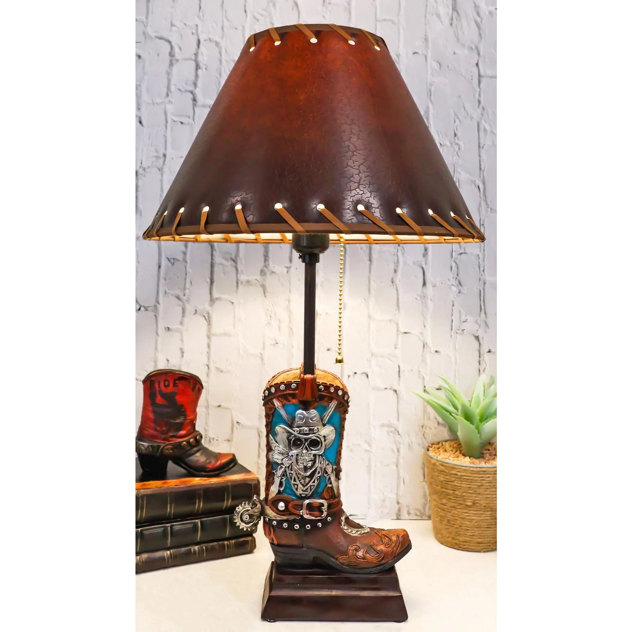 Rustic Western Country Skull With Crossed Pistols Cowboy Spur Boot Resin Table Lamp, Home Decor Light for Living Room Bedroom