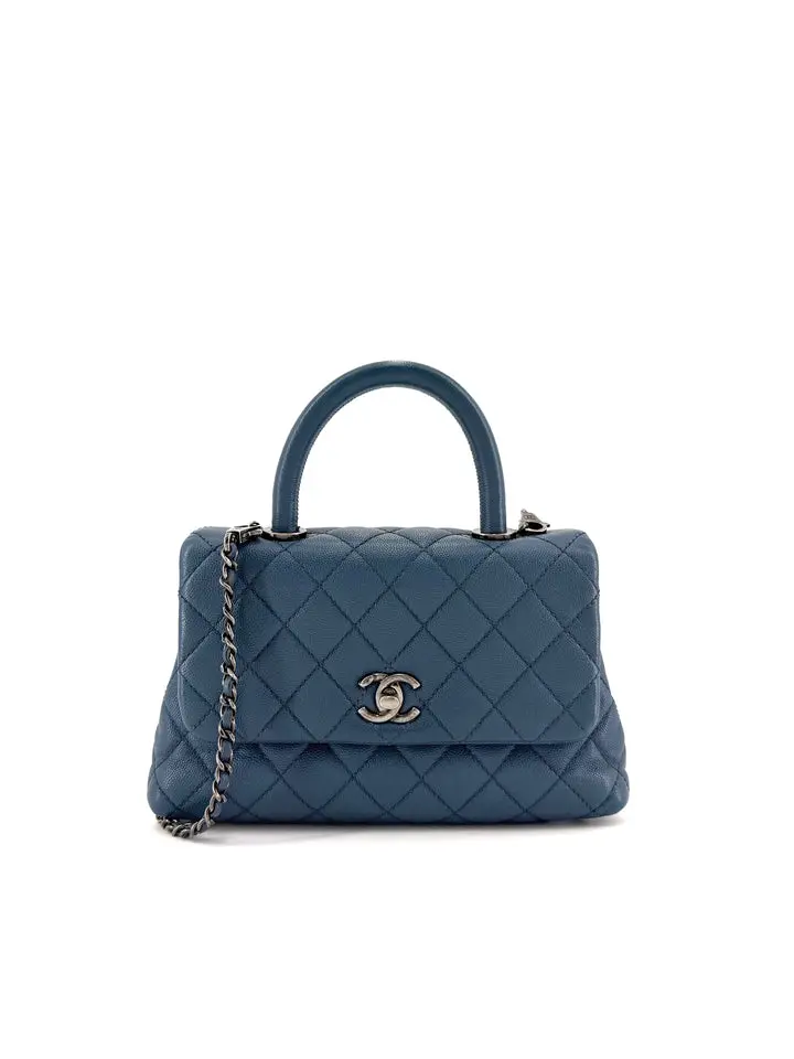 Pre-owned CHANEL Caviar Crossbody Bags Coco Handle Blue Quilted Leather Mini Shoulder Bag