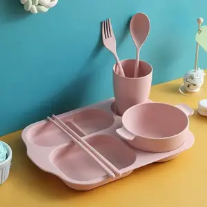 6-Piece Wheat Straw Cutlery Set, Kids Meal Plate Bowl Cup Set, BPA-Free, Durable, Ideal for Home School Picnic, Includes Divider