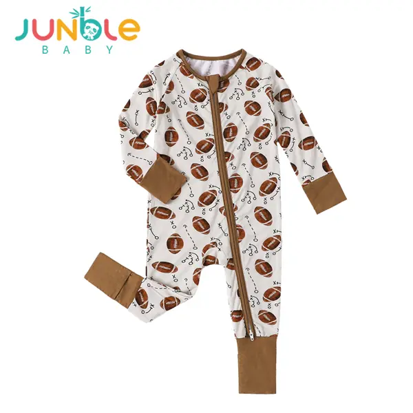 JUNBLEBABY Snug Fitting Unisex Baby Romper, Premium Soft Bamboo Football Print Pajamas, Long Sleeve with Convertible Footie & 2-Way Zipper, Sleepwear Outfit, Premium Soft Sleepwear, Snug Fitting Sleepwear