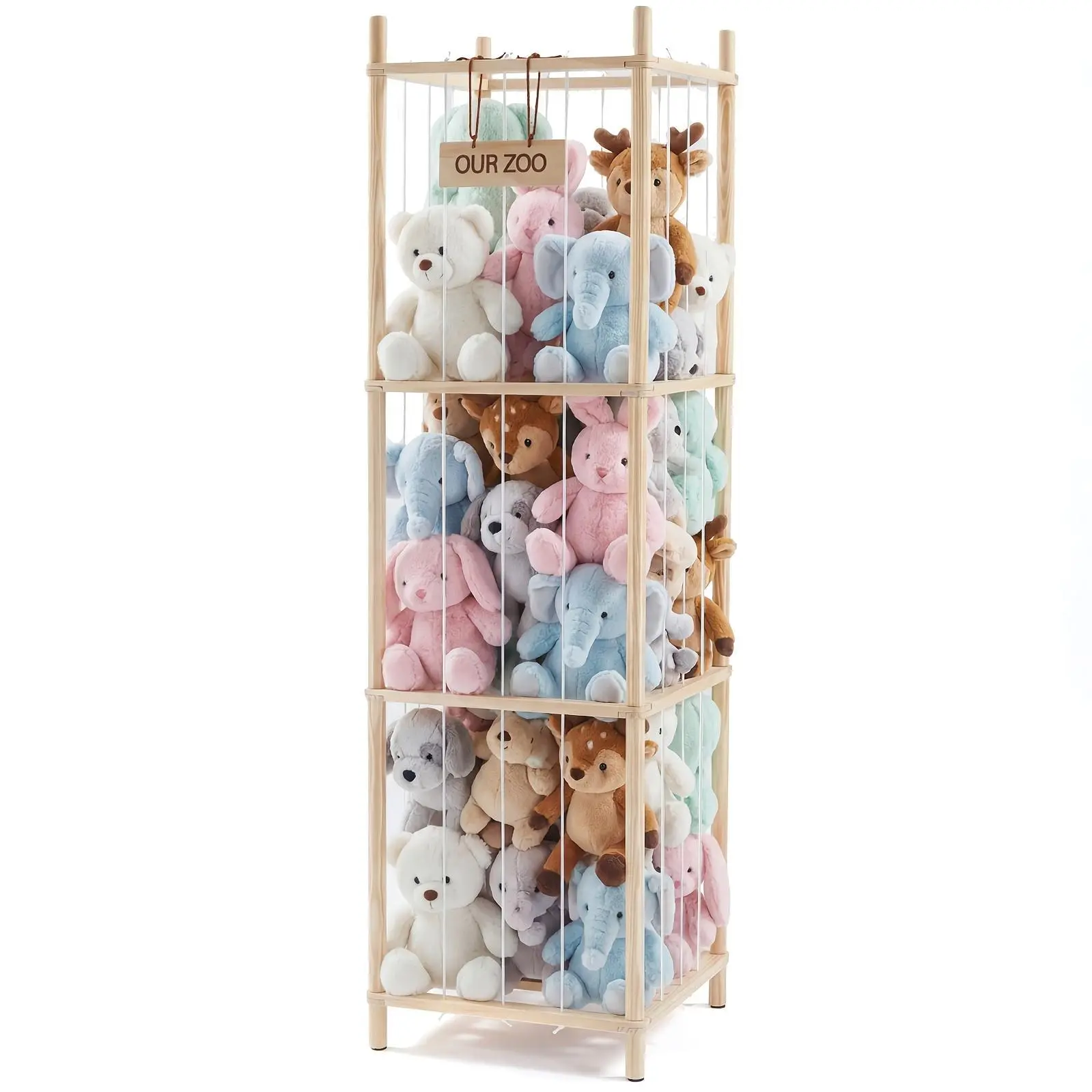 Large Wood Frame Stuffed Animal Storage Organizer for Kids - Space-Saving Rack for Playroom, Bedroom Home Organization