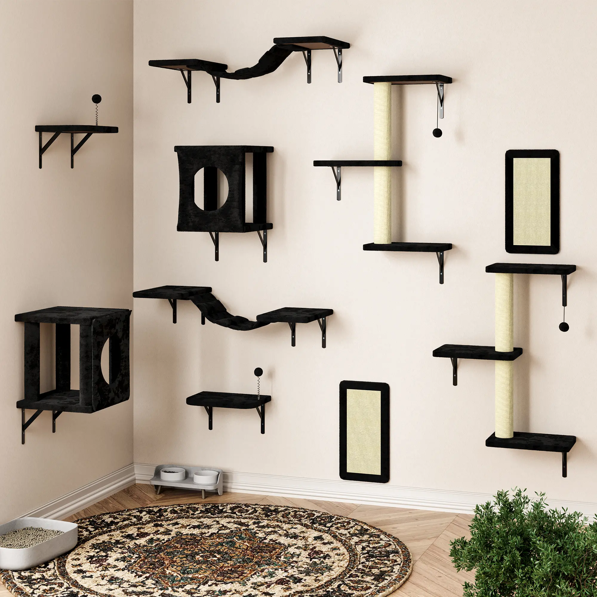 10Pcs Wall Mounted Cat Shelves Set – Modern Cat Climbing Furniture with Cat Hammock, Perches & Steps – Space-Saving Cat Wall Activity Center for Indoor Cats, ,Summervibes