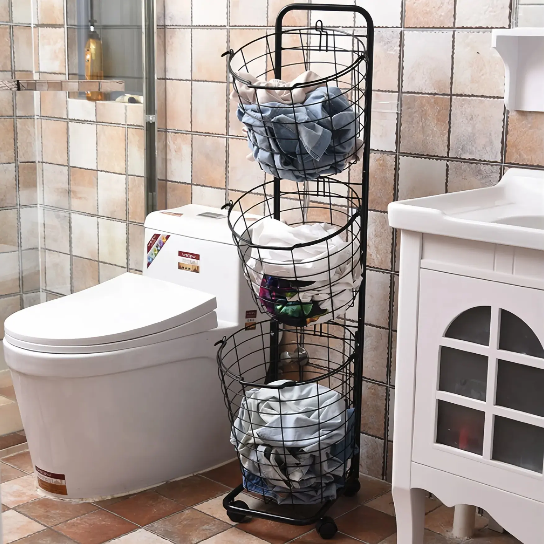 CNCEST 3-Tier Laundry Bin Sorter - Plastic, Iron-Frame Portable Wheeled Organizer with 3 Removable Round Baskets, Smooth Edges, 48.4in Stackable Freestanding for Bedroom, Bathroom