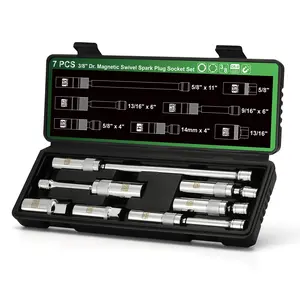7 Piece 3/8-Inch Drive Magnetic Swivel Spark Plug Socket Set, Includes 9/16-Inch, 13/16-Inch, 5/8-Inch, 14mm Socket, 6-Point &12-Point, CR-V, Enhanced Magnetic Design with Thin Wall Socket