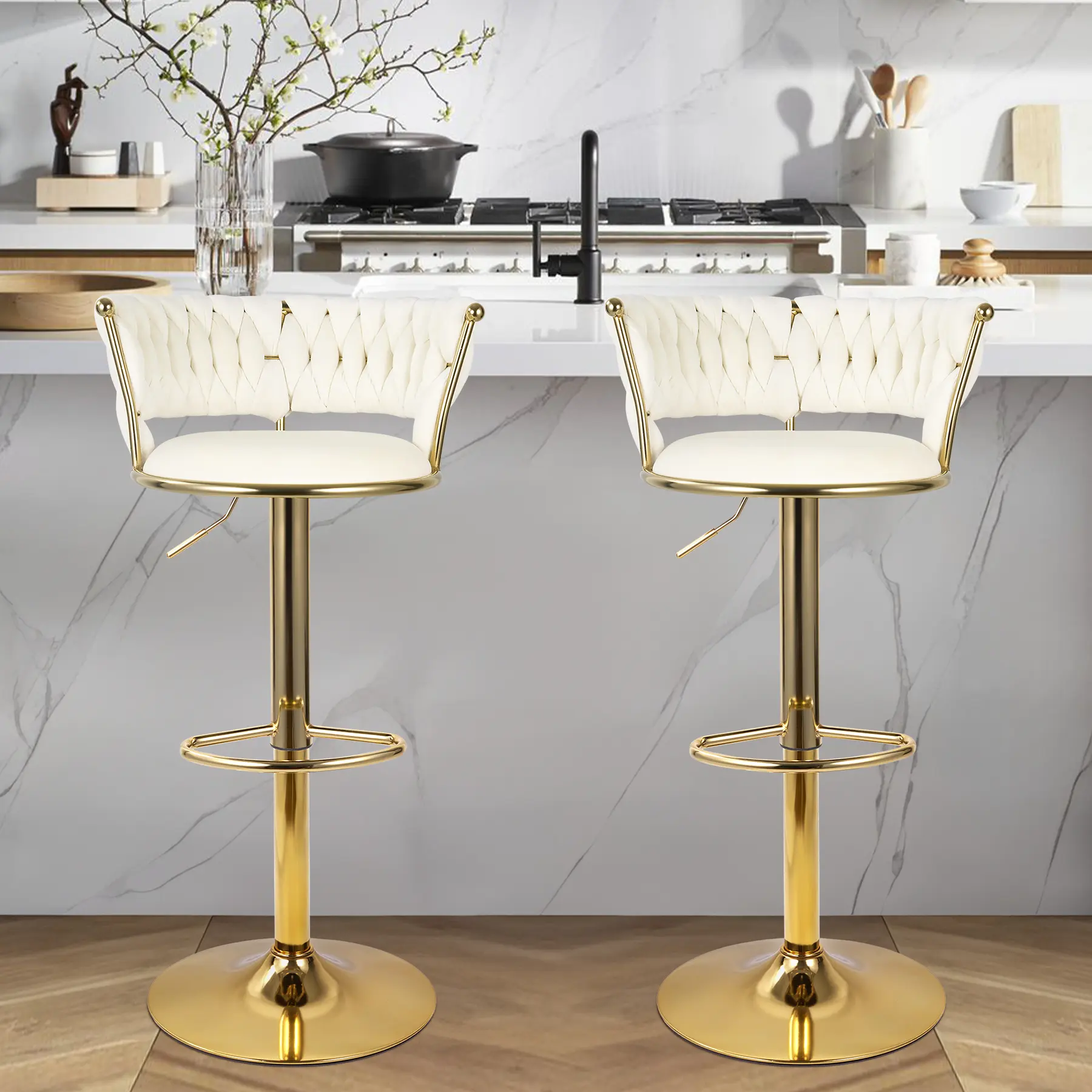 Modern Swivel Woven Velvet Bar Stools, Stool, 360° Swivel Adjustable Height Bar Stool with Backs Golden Metal Tall Bar Stools Counter Height for Kitchen Island, for Christmas, Festival,