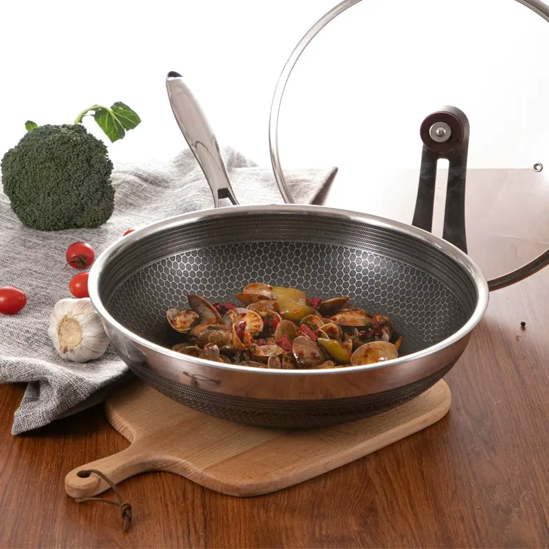 CNCEST 12-in Round Stainless Steel Nonstick Fry Pan Wok with Lid - 1L/0.22gal (1,000-2,000ml), 10-11in Round Shape, Honeycomb Coating, Scratch-Resistant, Ergonomic Handle, Universal Stovetop Compatible Non Stick Washable Cookware