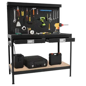 GARVEE 48" Workbench, Heavy Duty Metal Steel Tool Storage Work Table, 2 Tier Work Table for Garage with Pegboard, 2 Drawers and Shelf, Multifunctional Work Bench for Workshop, Home, Office
