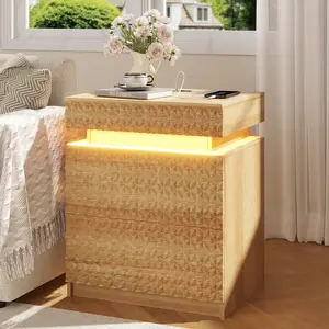FREDEES Farmhouse LED Nightstand - Stylish Bedside Table, Rustic Barn Style Indoor Furniture with Charging Station, Motion Sensor Light, USB/Type-C Ports & Outlets for Bedroom, Living Room
