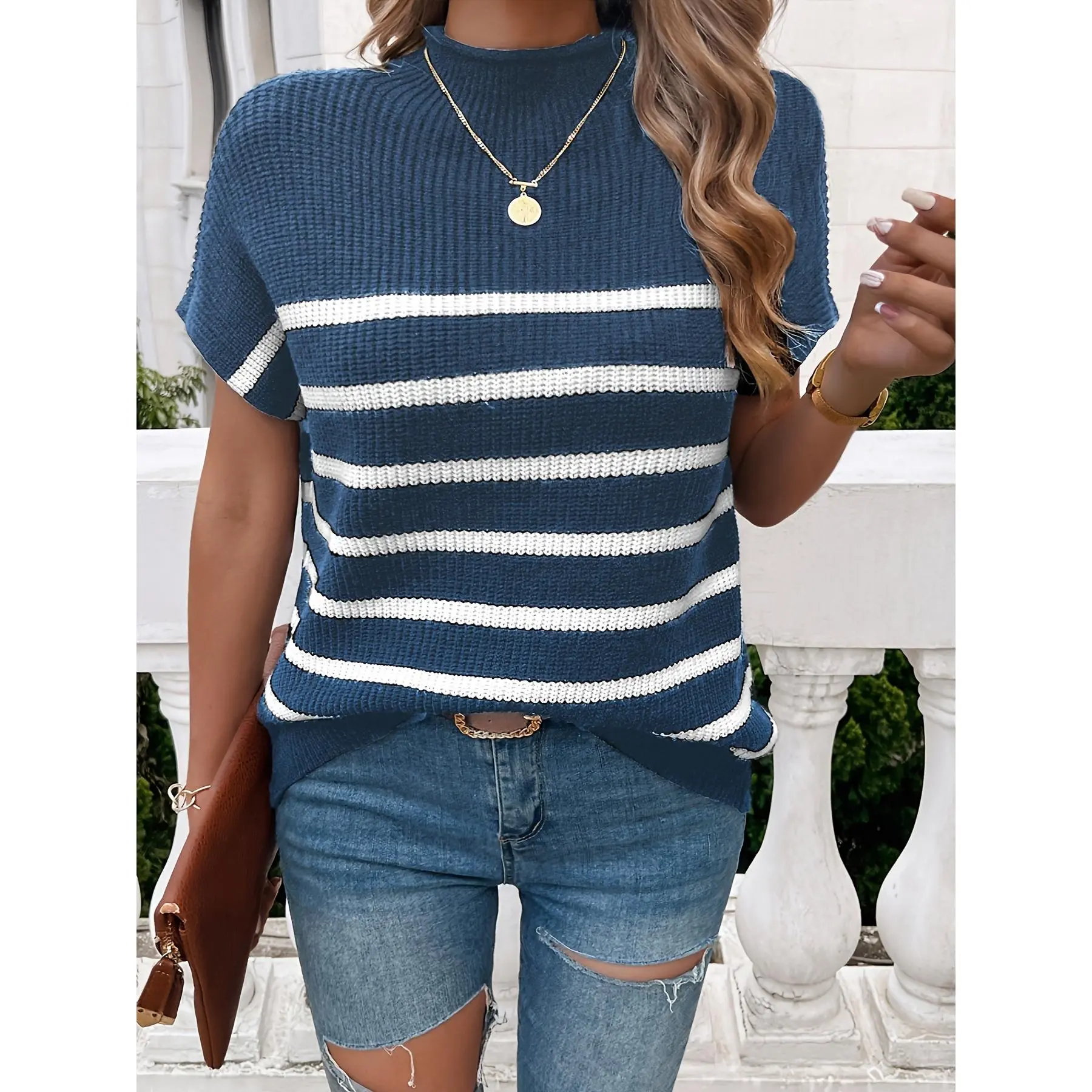 Women's Striped Knit Cap-Sleeve Pullover - Elegant Casual Crewneck Batwing-Sleeve Stretchable Top for Fall Winter, Focused on Elegance, Chic, Knitwear, Crew Neck, Stripe Print, Viscose Blend campingessentials, Half Neck Style, Fitted Cut, Day, Cold Wash,,