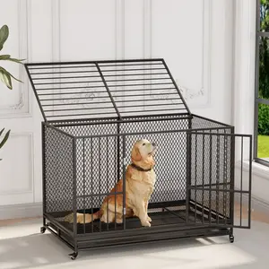 48" Heavy Duty Metal Mesh Dog Crate Furniture, Black Indoor Kennel for Medium & Large Dogs up to 250 lbs, Removable Tray & Lockable Wheels