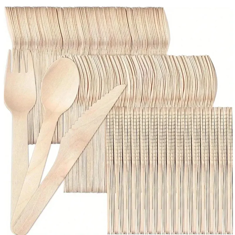 300Pcs Disposable Sturdy Solid Wood Silverware Set - Assorted 100-Count Knives, Forks, Spoons, Heavy Duty Biodegradable Compostable Eco-Friendly Cutlery for Parties/Events, BBQ