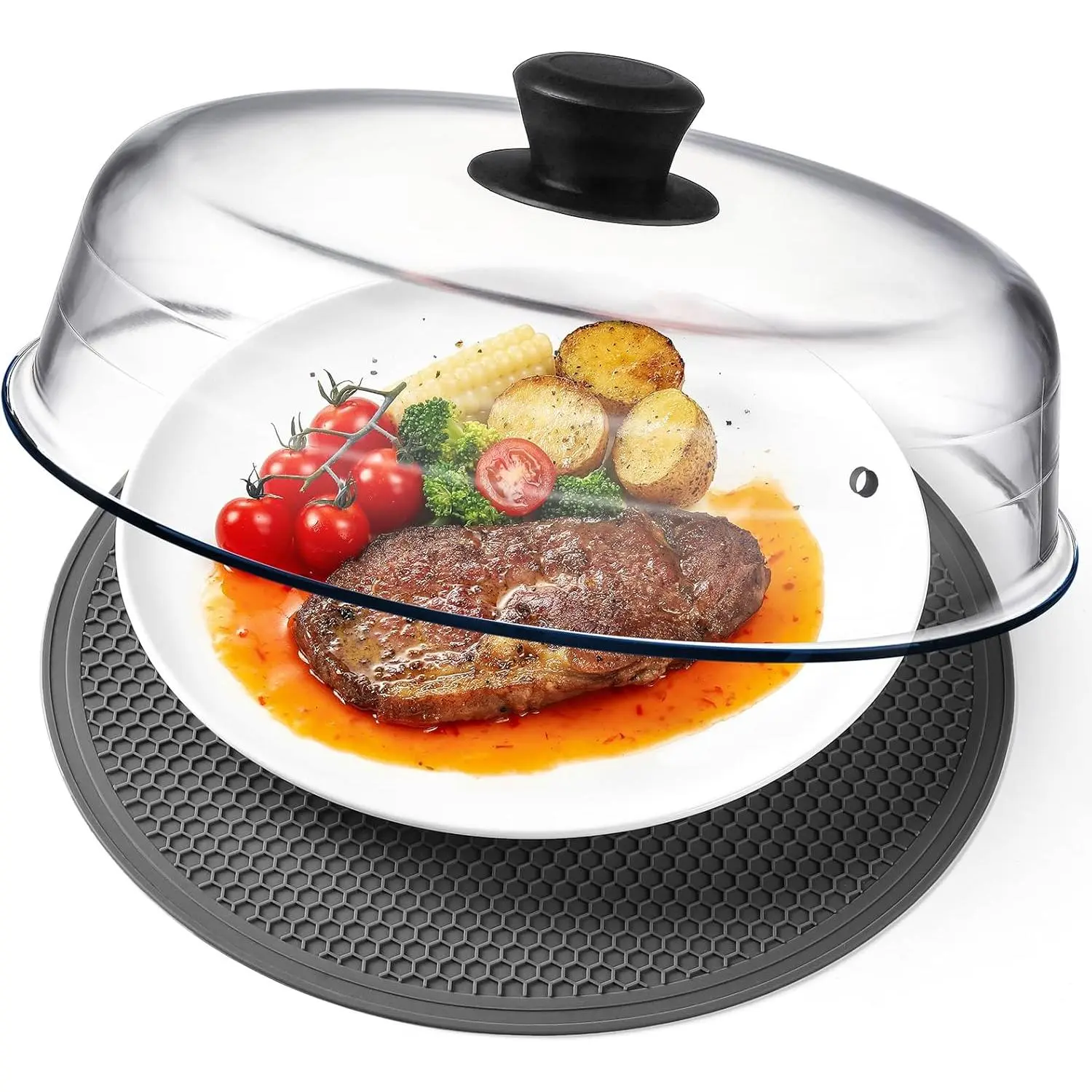 10in 2-in-1 Borosilicate Glass Microwave Splash Guard & Placemat Cover, Kitchen Utensils with Easy-Grip Silicone Handle Knob, Ventilation Holes, Food-Grade, Plastic-Free, Oven
