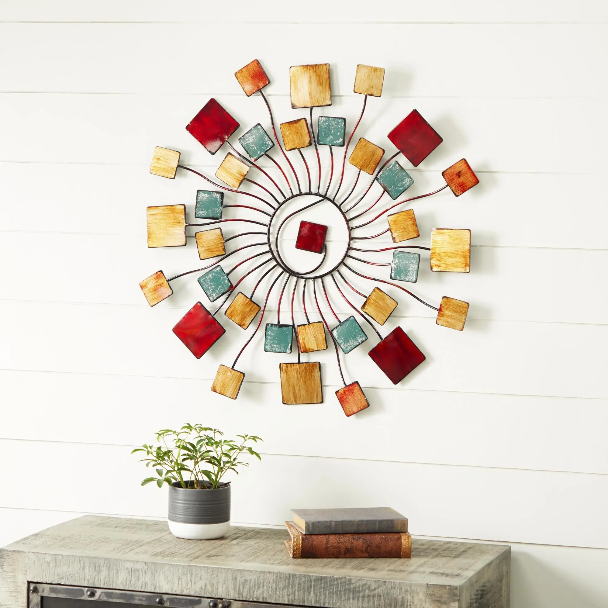 Sunburst Multi-Colored Iron Wire Home Wall Sculpture with Square Accents, Ideal for Sofa Backgrounds, Living Room Backdrops, Decoration