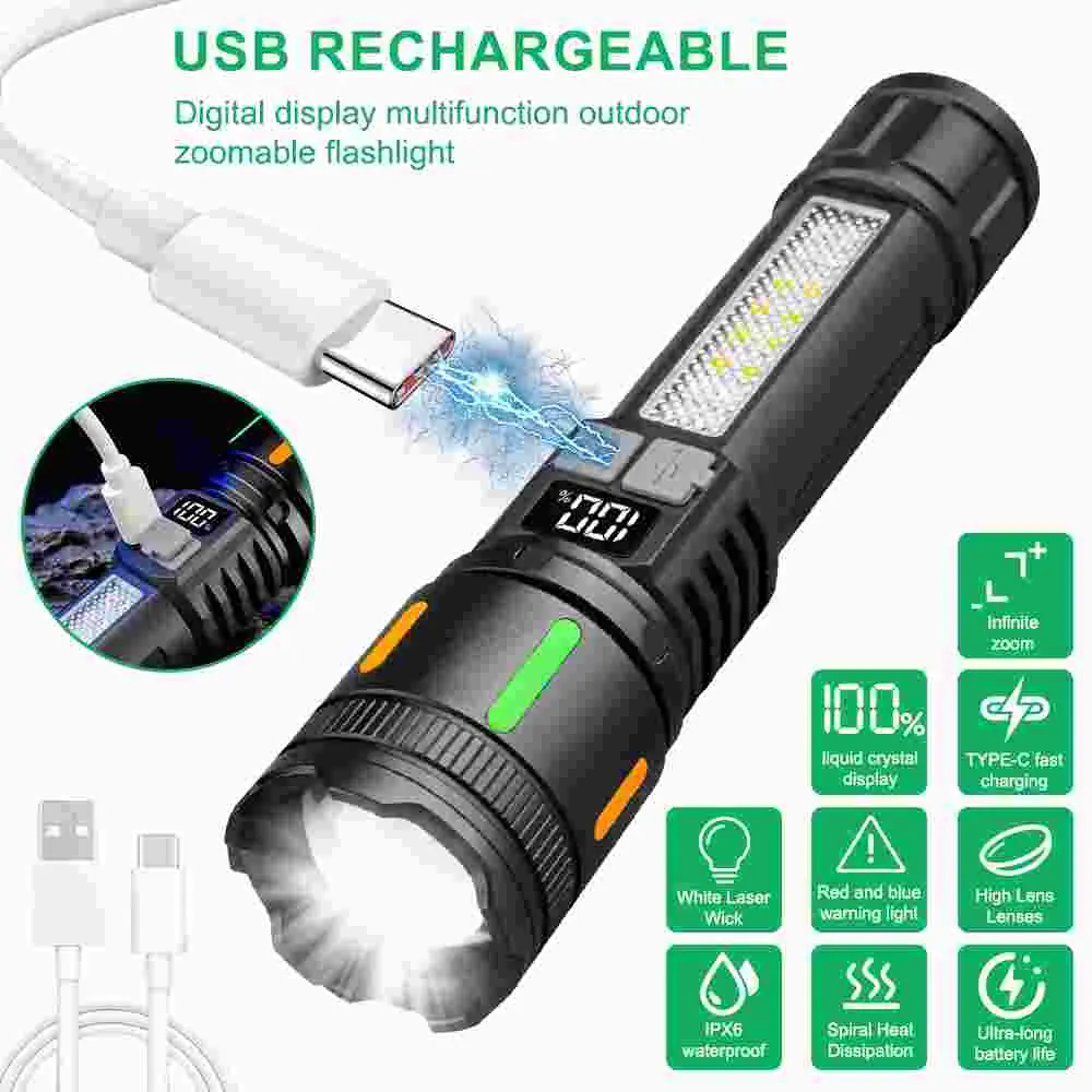Rugged EDC Rechargeable Handheld Bright Flashlight for Adults - COB Side Light, 5 Lighting Modes, Type-C Charge, IPX6 Waterproof, Pocket Clip - Portable Emergency Light for Outdoor Camping, Emergency Flashlight Torches