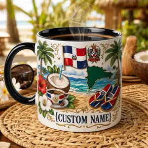 Custom Dominican Republic Name Mug, 2D Printed 3D Effect Ceramic Coffee Cup, Tropical Beach Coconut Flag Flip Flop Design, Personalized Gift for Dominicans, Travelers, Caribbean Lovers, Birthday Vacation Gift