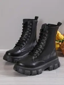 Women's Classic Boots for Outdoor Casual Wear, Side Zipper Easy On/off, Fashion Lace-Up Design, High Heel Thick Sole Motorcycle Boot