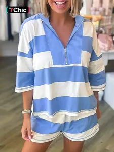 Hotapei Striped Stitching Detail Half-Zip Loose Short Sleeve T-Shirt Casual Shorts Two-Piece Set, Comfortable Summer Womenswear Tee Shorts Set