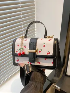 Cherry Print Satchel Handbag with Cherry Pendant Charm, Elegant Women's Purse, Stylish Bag for Parties & Daily Use, Perfect for Office & Casual, Cherry Decorated Handbag, Fashionable Patterned Bag