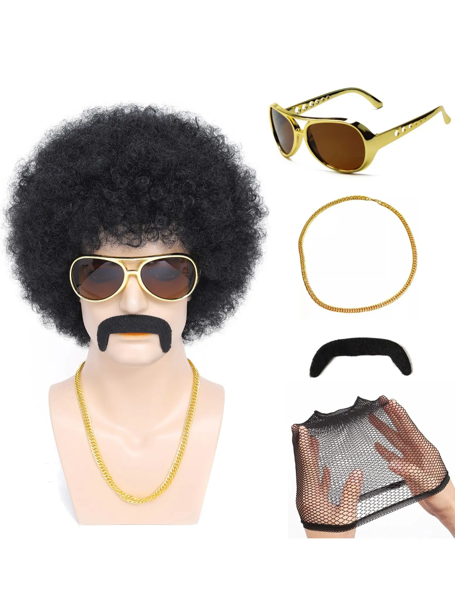 70s Disco Afro Wig Costume Set for Men - 5pcs with Glasses, Necklace & Mustache | Natural Black Fluffy Short Curly Synthetic Hair| Funny Wig for Hippie Rocker Halloween Christmas Party Cosplay Costume Accessories
