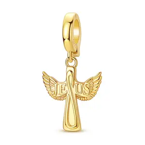 MULA 14K Gold Plated Jesus Cross Charm with Angel Wings for Pandora Bracelet – 925 Silver-plated Religious Dangle Bead, Christian Faith Necklace Pendant Jewelry Gifts for Easter, Baptism & Confirmation