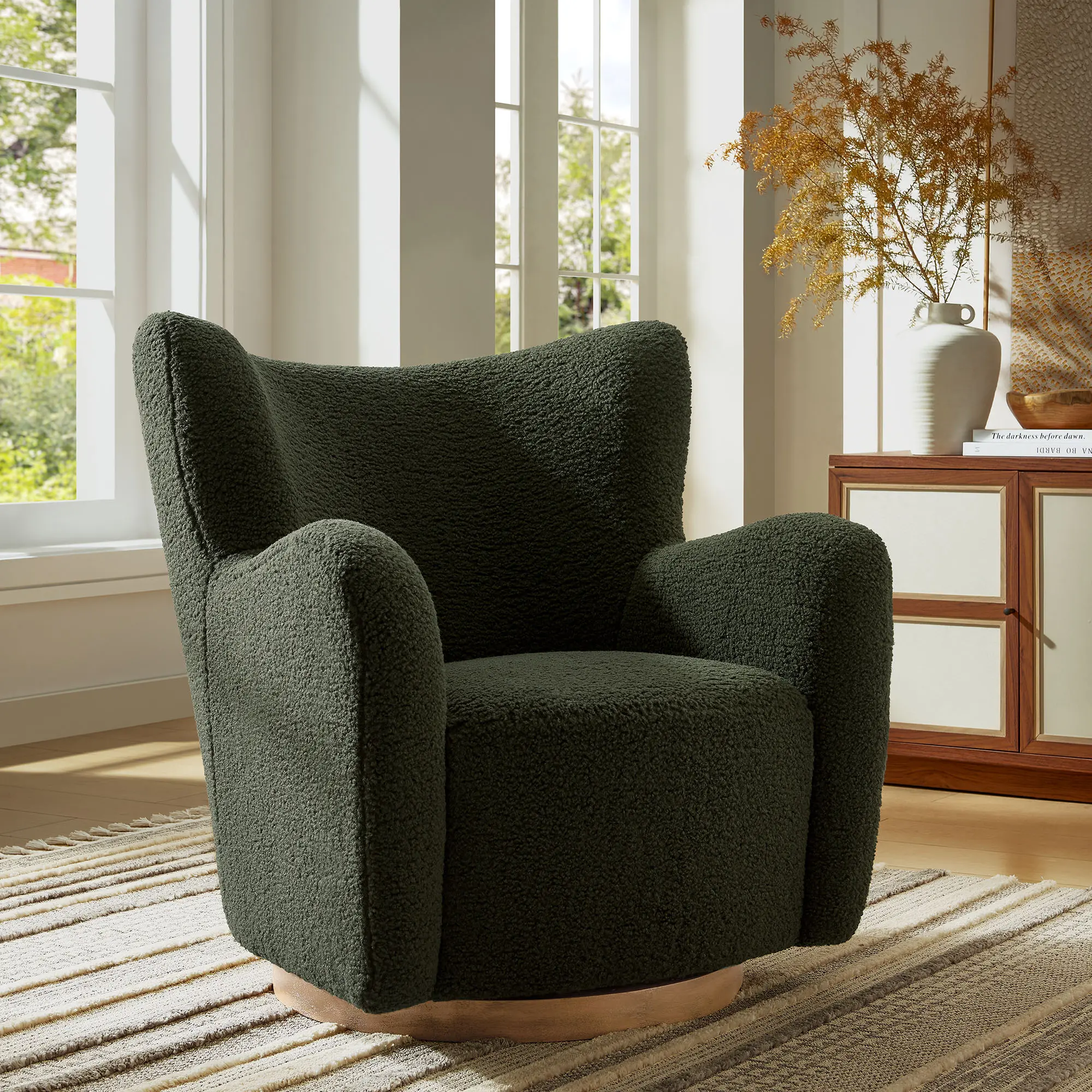 Montrose Wingback Sherpa Swivel Accent Chair in Fern Walnut