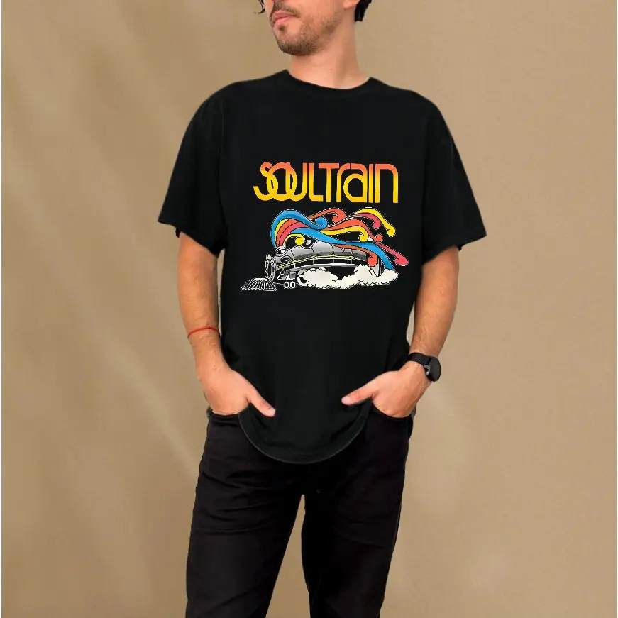 [Vibrant Soul Train Tee] Vibrant Plus Size men's Fashion T-Shirt - "Soul Train" Graphic, Stretchy Polyester Blend, Round Neck Short Sleeve - Colorful