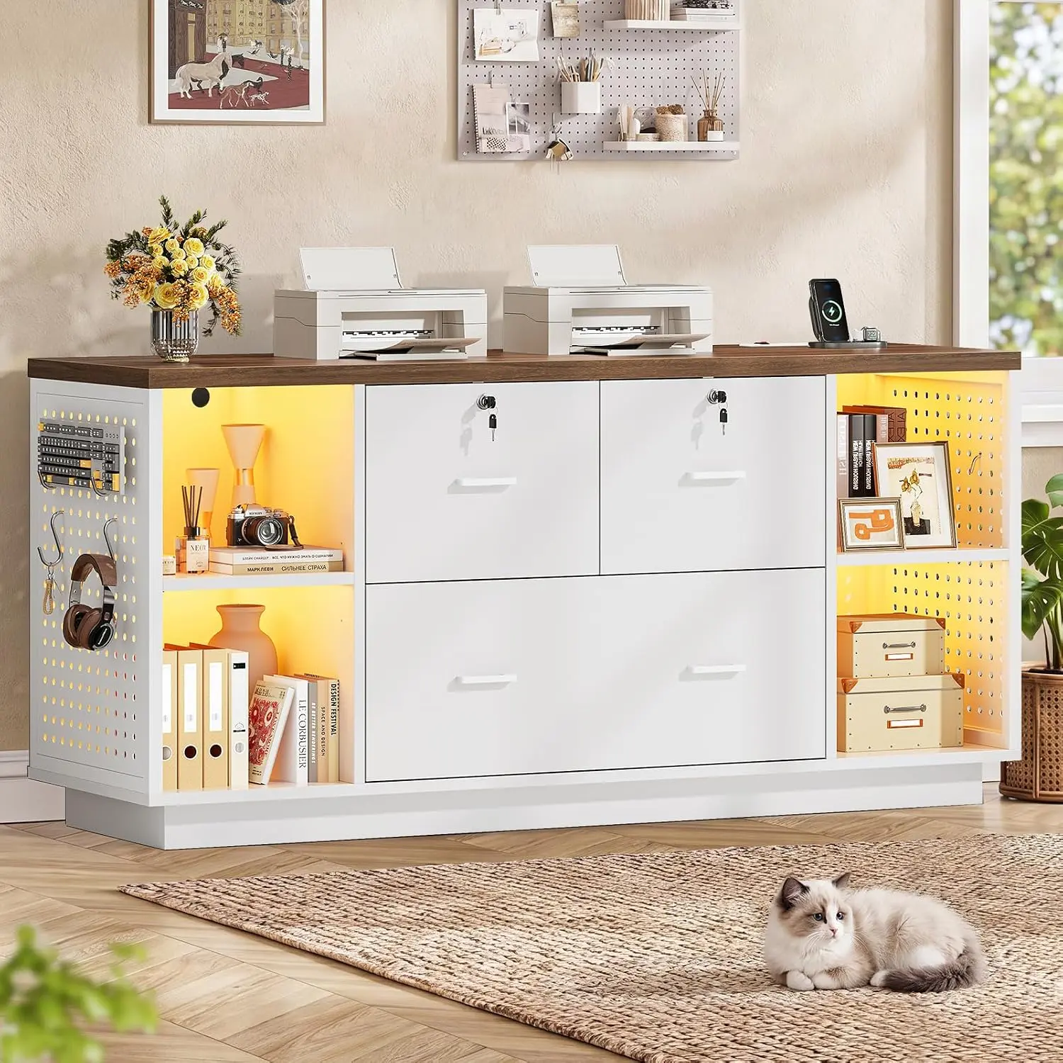 SEDETA 55-Inch Lockable Office Furniture Filing Cabinet - Engineered Wood Multiple Drawers Cabinets with 3 Large Racks & Shelves, Adjustable Home Office Printer Stand with Storage, Power Strip, LED Light, Pegboard, Reinforced Base, Requires Assembly