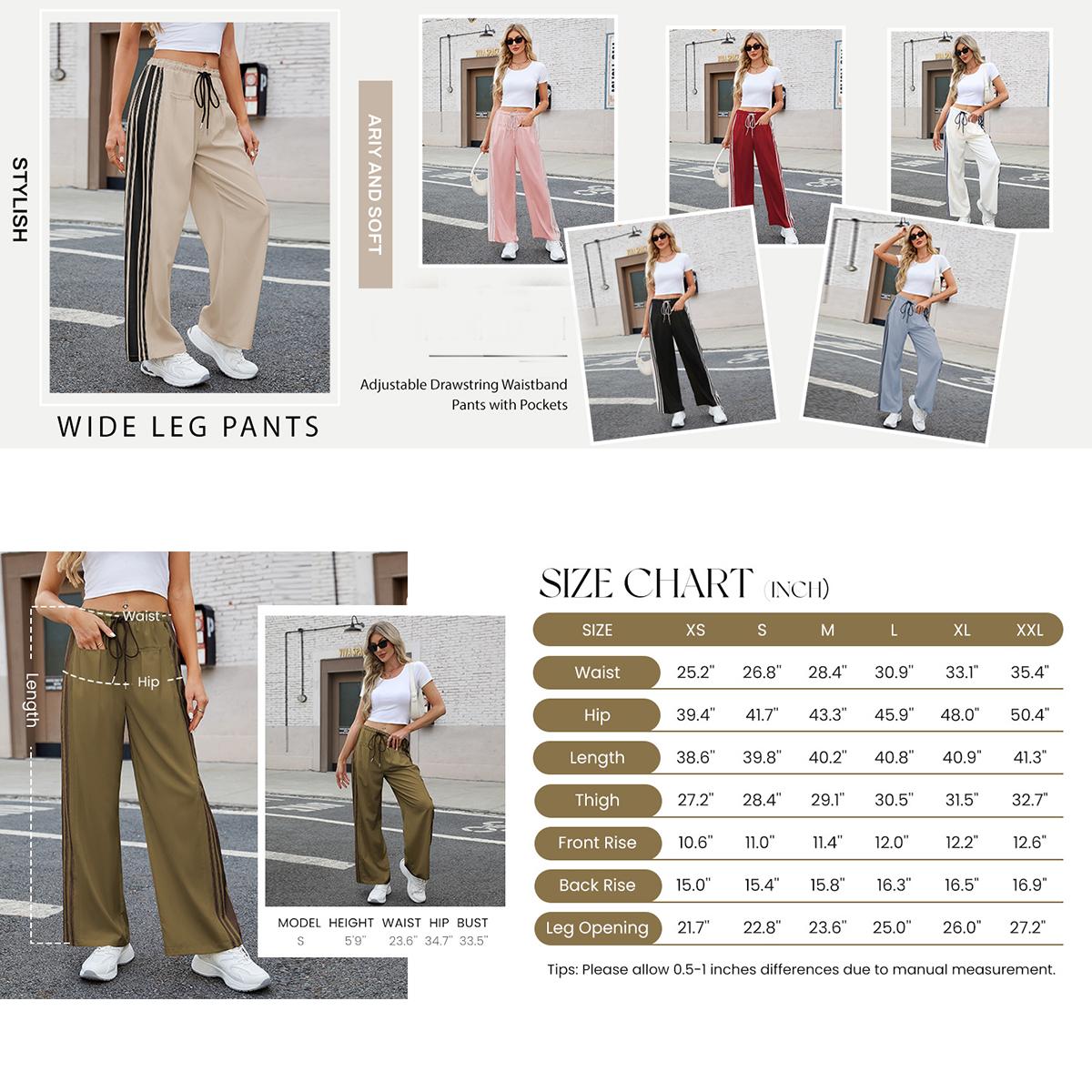 Kingapril Women's Wide Leg Pants Drawstring High Rise Side Striped Slouchy Palazzo Pants with Pockets Wideleg Womenswear